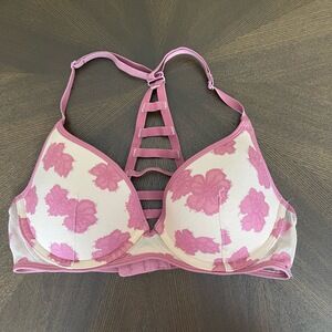 Pink Victorias Secret Bra Womens 32C Pink Floral Strappy Racerback Light Padding